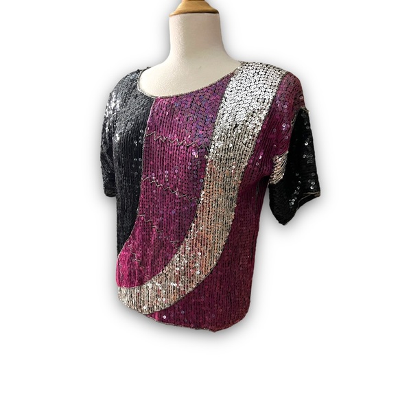 JLB Paris Hong Kong 100% Silk Fully Sequined Top 1980s Abstract Colorblo… - Picture 12 of 12